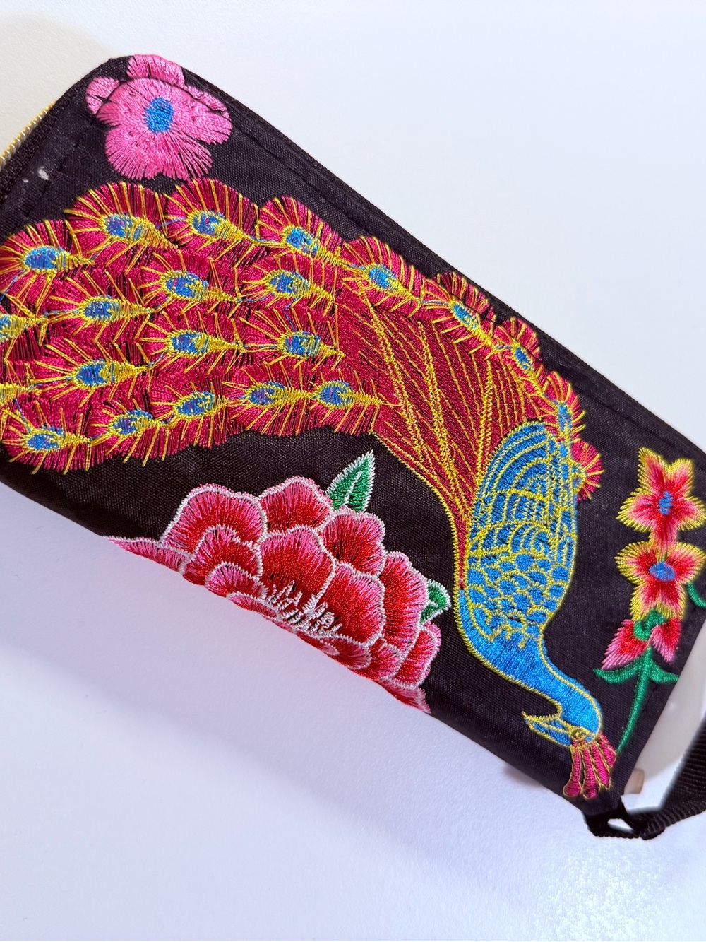 Embroidered Peacock Wristlet Clutch - Black with Multicolor Embroidery
